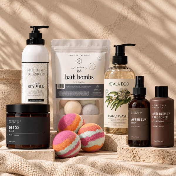 Bath and body collection featuring Rowe Casa Organics, Koala Eco, Archipelago Botanicals, and colorful bath bombs.