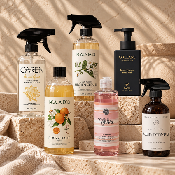 Caren, Koala Eco, Orleans, Sweet Grace, and Rowe Casa home cleaning products.