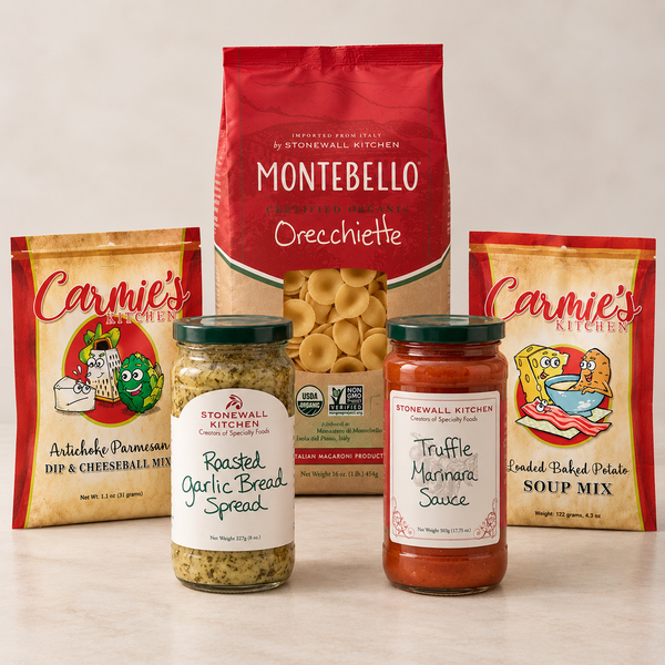 Stonewall Kitchen and Carmie’s Kitchen pasta, sauces, spreads, soup, and dip mixes.