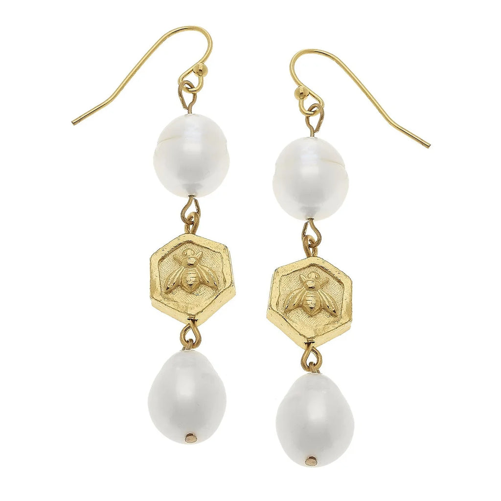 Susan Shaw Hexagon Bee & Pearl Drop Earrings