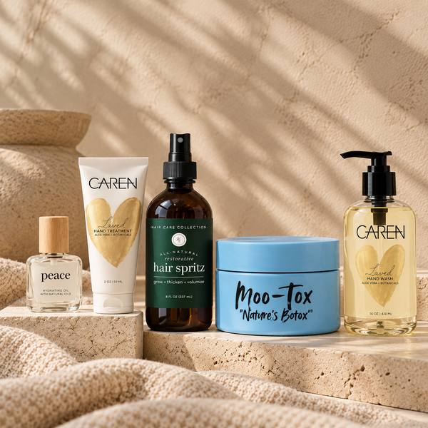 Self care and beauty collection featuring Caren, Rowe Casa Organics, Moo-Tox, and Peace products.