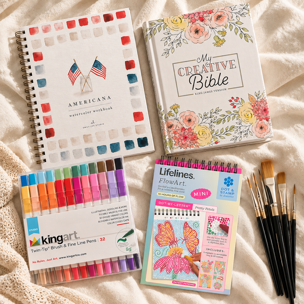 Creative Bible, watercolor workbook, Kingart pens, Lifelines FlowArt kit, and paint brushes.