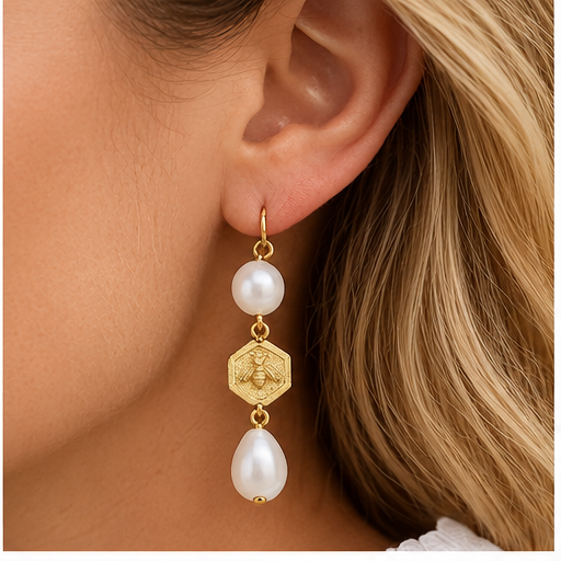 Susan Shaw Hexagon Bee & Pearl Drop Earrings
