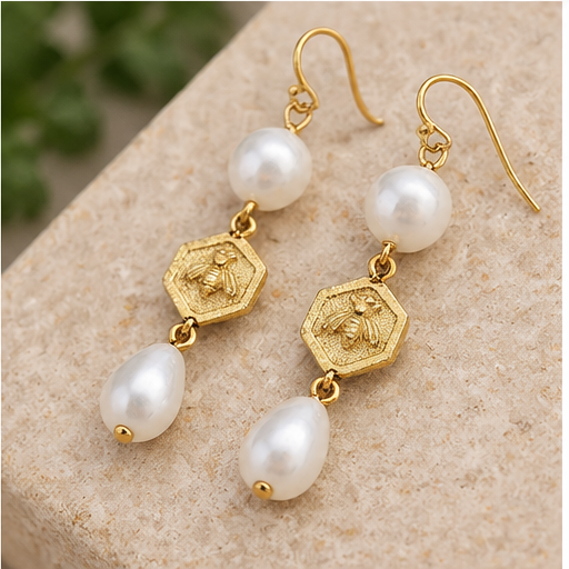 Susan Shaw Hexagon Bee & Pearl Drop Earrings
