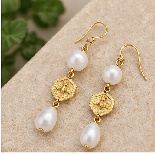 Susan Shaw Hexagon Bee & Pearl Drop Earrings