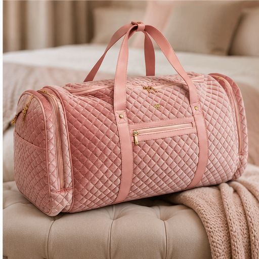 PurseN Blush Velvet Quilted Duffle Bag