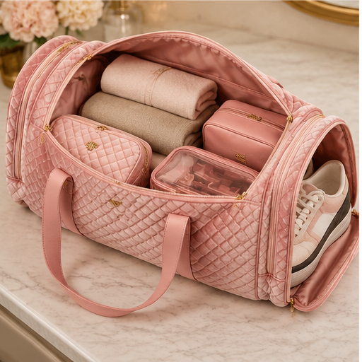 PurseN Blush Velvet Quilted Duffle Bag