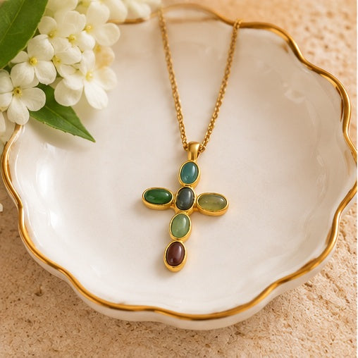 Katie Loxton Green Agate Cross Necklace