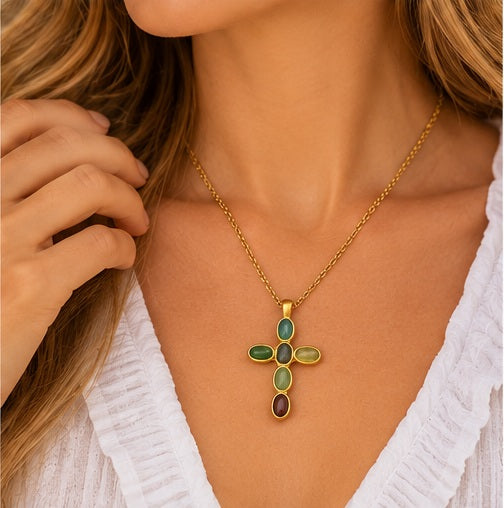 Katie Loxton Green Agate Cross Necklace