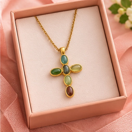 Katie Loxton Green Agate Cross Necklace