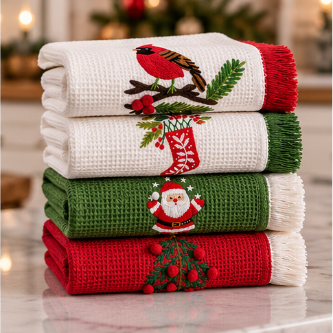 Mud Pie Christmas Embroidered Fringe Towels
