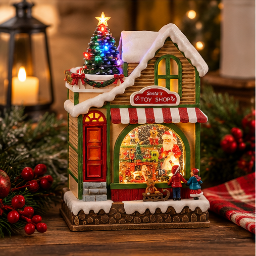 Roman Lighted Musical Swirl Santa Toy Shop