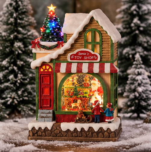 Roman Lighted Musical Swirl Santa Toy Shop