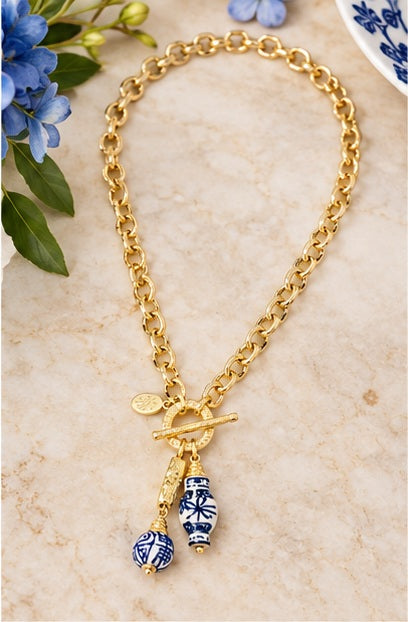 Susan Shaw Ginger Jar & Porcelain Ball Toggle Necklace