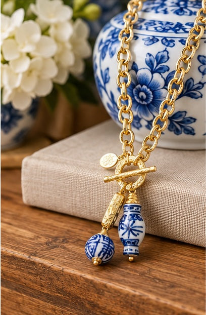 Susan Shaw Ginger Jar & Porcelain Ball Toggle Necklace