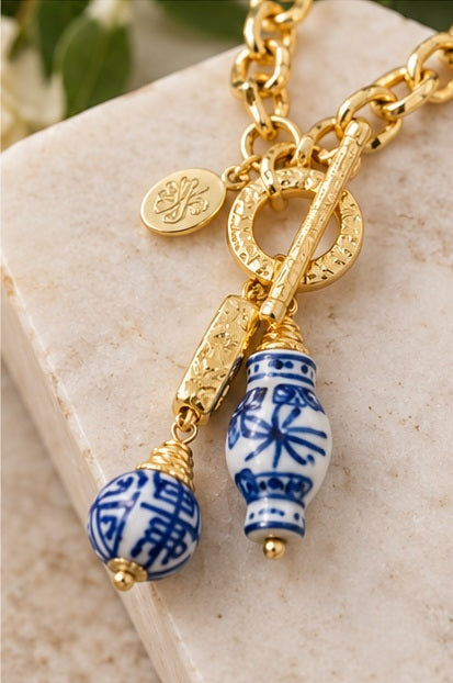 Susan Shaw Ginger Jar & Porcelain Ball Toggle Necklace