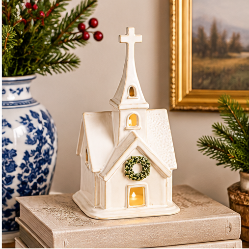 Mud Pie Wreath Ceramic Church Sitter