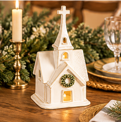 Mud Pie Wreath Ceramic Church Sitter